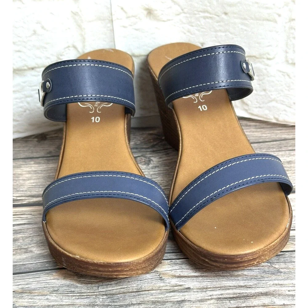 Italian Shoemaker Sandals Wedge‎ Navy Blue Leather Straps Fits 10 M